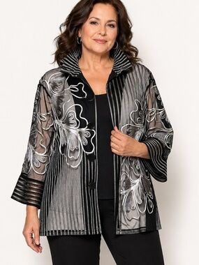Ali Miles 1X Sheer Mesh Tunic Art To Wear Floral Jacket Top Wire Collar